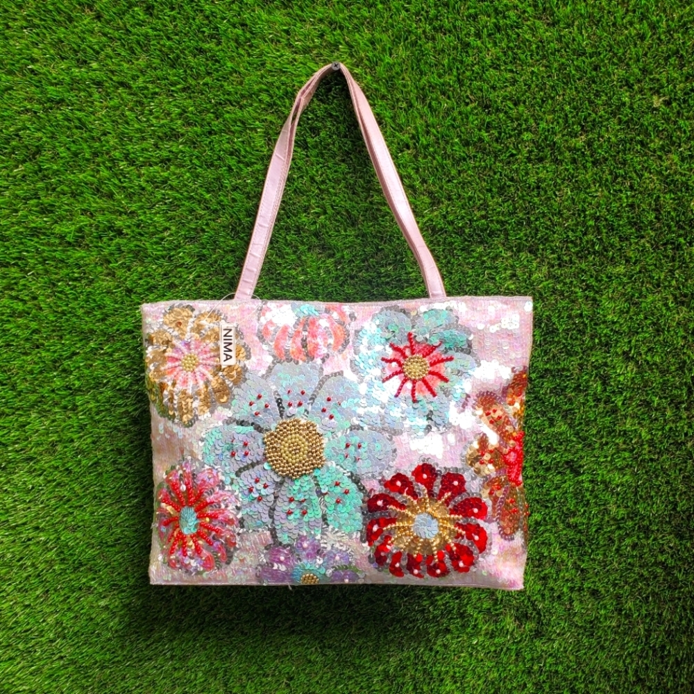 Vintage Nima Sequin Multicolor Floral Tote Purse